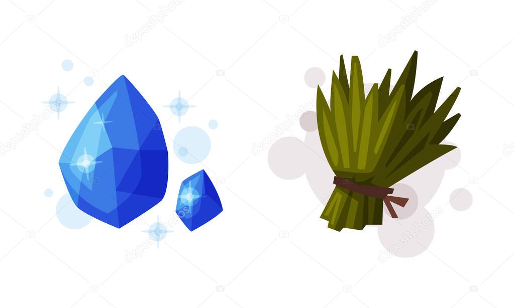 Magical herbs and mysterious stones, witchcraft attributes cartoon vector illustration