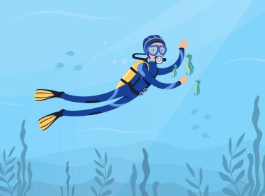 Dalış Giysisi ve Yüzme Gözlüğü Yüzme Sualtı Vektör Resimlerinde Erkek Karakteri