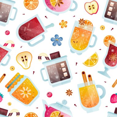 Sıcak Meyve İçecekleri Sıcak Şarap ve Ballı Kavanoz Vektörlü Kusursuz Şablon