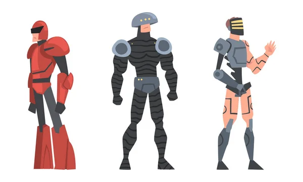 Poderosos robôs de batalha conjunto cartoon vetor ilustração — Vetor de Stock