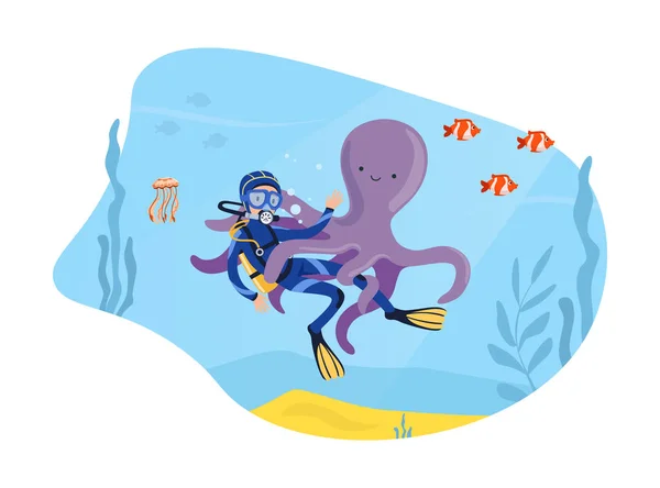 Postać człowieka w kombinezonie nurkowym i gogle Pływanie pod wodą z ośmiornicą i ryb wokół ilustracji wektor — Wektor stockowy