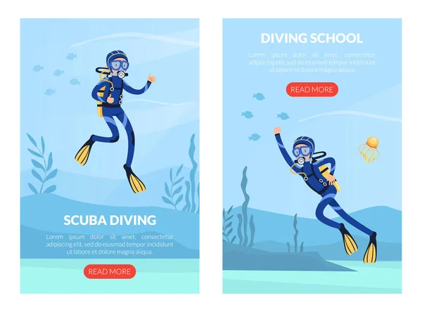 Landing Page with Man Character in Diving Suit and Goggles Swimming Underwater Vector Template — Stock Vector