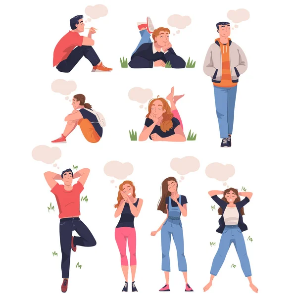 People Character Dreaming Imagining and Fantasizing Having Spontaneous Thought Vector Set — Stock Vector