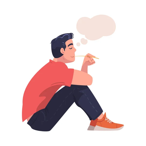 Man Character Dreaming Imagining and Fantasizing having Spontaneous thought in Bubble Seitting with Bended Legs Vector Illustration — Stockový vektor