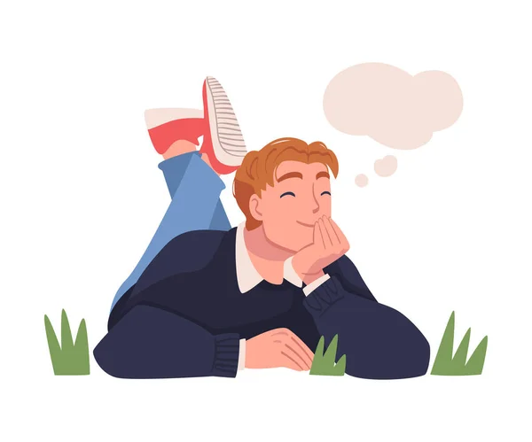 Man Character Dreaming Imagining and Fantasizing Having Spontaneous Thought in Bubble Lying on Grass Vector Illustration — Stock Vector