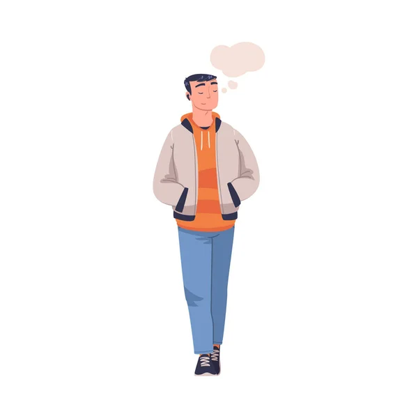 Man Character Dreaming Imagining and Fantasizing Having Spontaneous Thought in Bubble Walking with Hands in Pocket Vector Illustration — Stock Vector