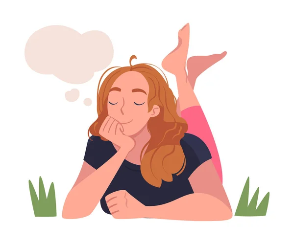 Woman Character Dreaming Imagining and Fantasizing Having Spontaneous Thought in Bubble Lying on Grass Vector Illustration — Stock Vector