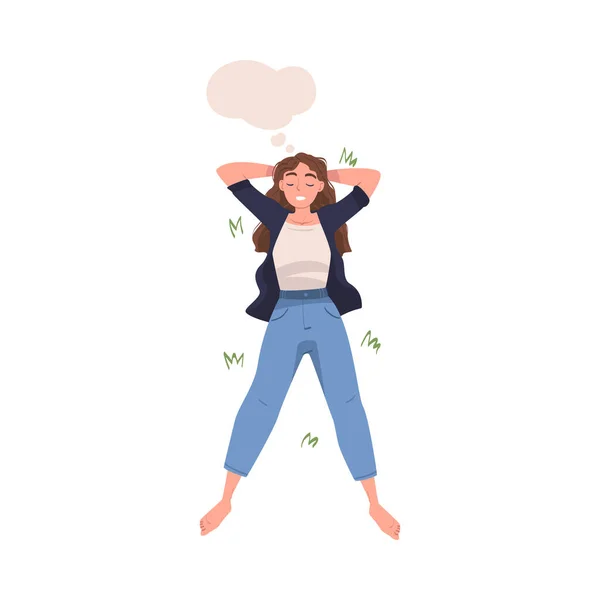 Woman Character Dreaming Imagining and Fantasizing Having Spontaneous Thought in Bubble Lying on Grass Above View Vector Illustration — Stock Vector