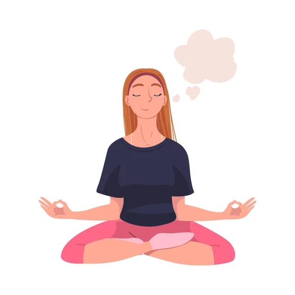 Woman Character Daydreaming Imagining and Fantasizing Having Spontaneous Thought in Bubble Sitting in Yoga Pose Vector Illustration — Stock Vector