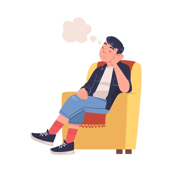 Homem personagem Daydreaming Imagining e Fantasiando Tendo Pensamento Espontâneo em Bolha Sentado em Poltrona Vector Ilustração — Vetor de Stock