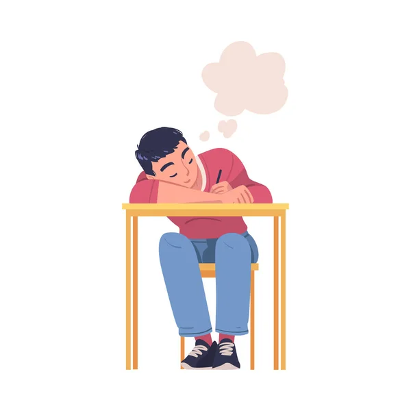 Man Character Daydreaming Imagining and Fantasizing Having Spontaneous Thought in Bubble Sitting at Desk and Writing Vector Illustration — Stock Vector