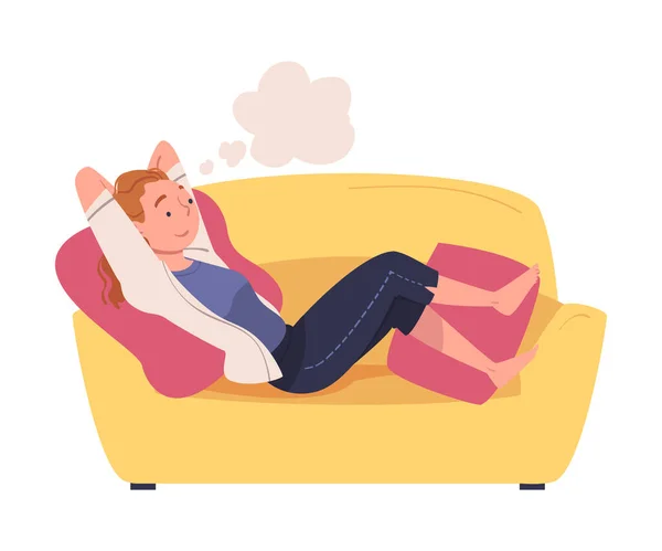 Kobieta Postać Daydreaming Wyobraźnia i fantazjując o spontanicznej myśli w Bubble Lounging na ilustracji wektor sofa — Wektor stockowy