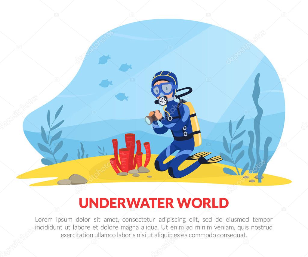 Landing Page with Man Character in Diving Suit and Goggles Swimming Underwater Taking Photo with Camera Vector Template