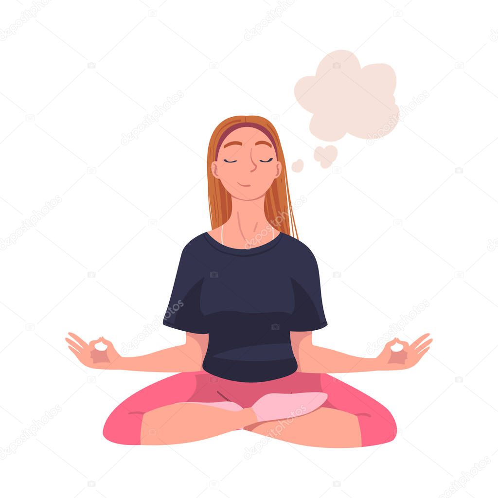 Woman Character Daydreaming Imagining and Fantasizing Having Spontaneous Thought in Bubble Sitting in Yoga Pose Vector Illustration