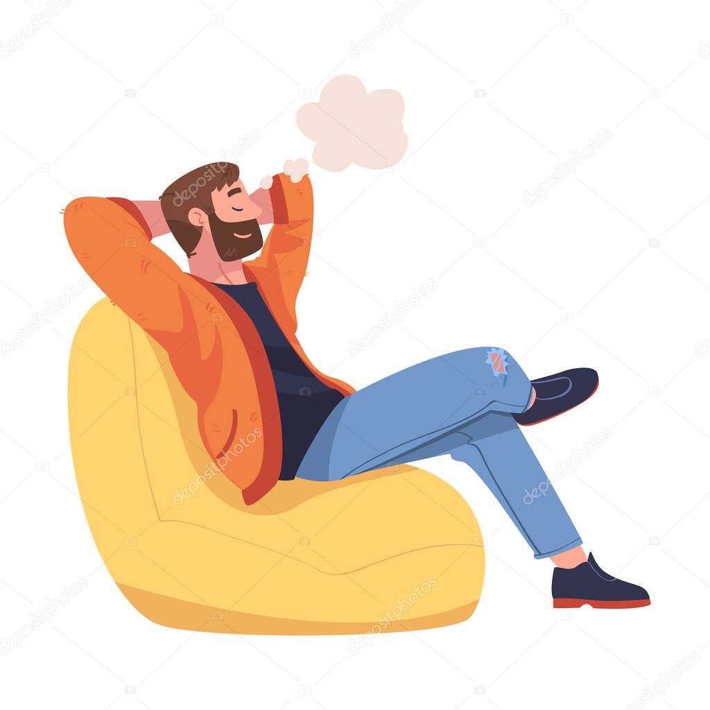 Man Character Daydreaming Imagining and Fantasizing Having Spontaneous Thought in Bubble Sitting in Armchair Vector Illustration
