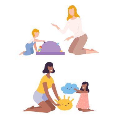 Genç Anne ve Çocuğu Oyun Odası Vektör Seti 'nde Oyuncak Oynuyor