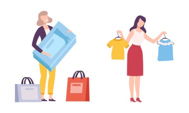 Moda Mağazası Vektör Kümesinde Giysi Seçen Kadın Müşteri
