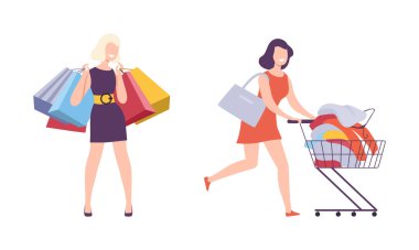 Moda Mağazası Vektör Kümesinde Giysi Seçen Kadın Müşteri