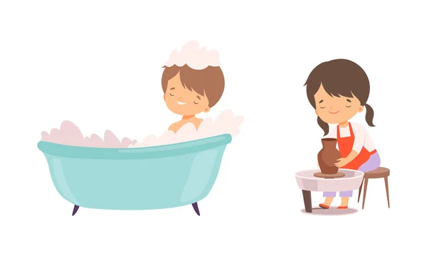 Little Boy Bathing in Bathtub with Foam and Girl Modelling Vase from Clay Vector Set — Stock Vector