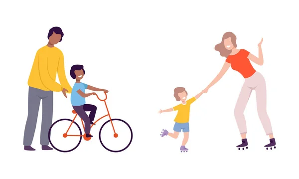 幼小的家长带着他的孩子教骑自行车和溜冰鞋的病媒集 — 图库矢量图片