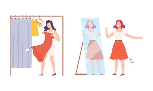 Moda Mağazasında Giysi Seçen Kadın Müşteri Deneme Odasında ve Ayna Vektörü setinin önünde Giyinmeye Çalışıyor — Stok Vektör