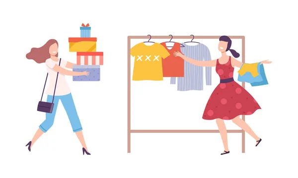 Cliente femenino eligiendo la ropa en el conjunto de vectores de la tienda de moda — Vector de stock