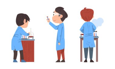 Laboratuvar önlüklü bilim adamları laboratuvar karikatür vektör illüstrasyonunda bilimsel araştırma yapıyorlar.