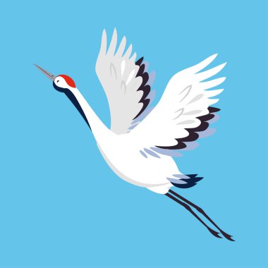 Red Crowned Crane as Long-legged and Long-necked Bird Flying with Spread Wings on Blue Background Vector Illustration clipart