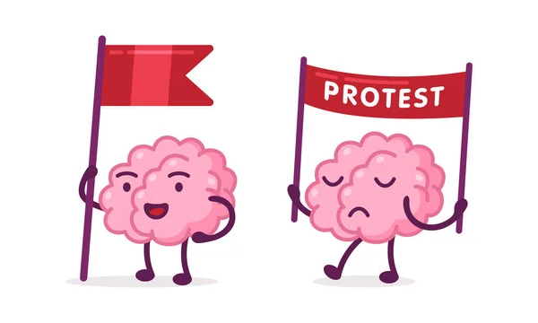 Funny Brain Character with Flag on Pole and Holding Protest Banner Vector Set — Stock Vector