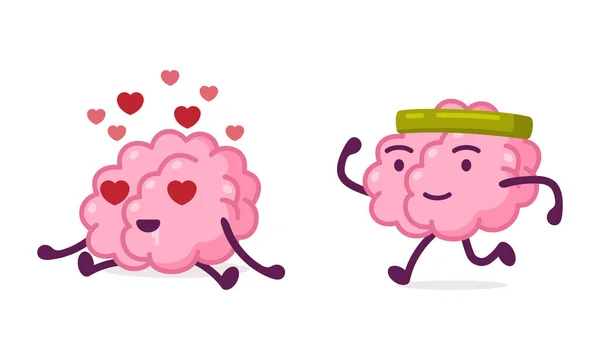 Funny Brain Character Jogging and Falling in Love Vector Set — Stock Vector