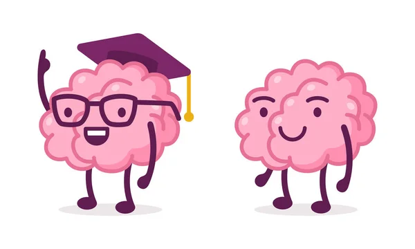 Funny Brain Character Wearing Glasses and Graduation Hat Smiling Vector Set — Stock Vector