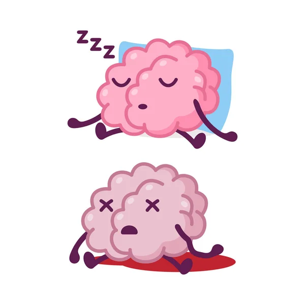 Funny Brain Character Dead Sitting in Blood and Sleeping Snoring with Pillow Vector Set — Stock Vector