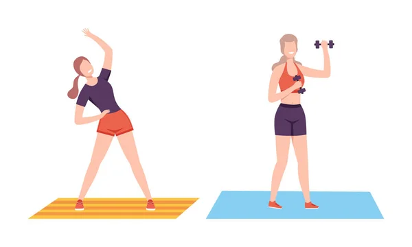 Jonge vrouw op de mat liften dumbbell en stretching doen fitness workout vector set — Stockvector