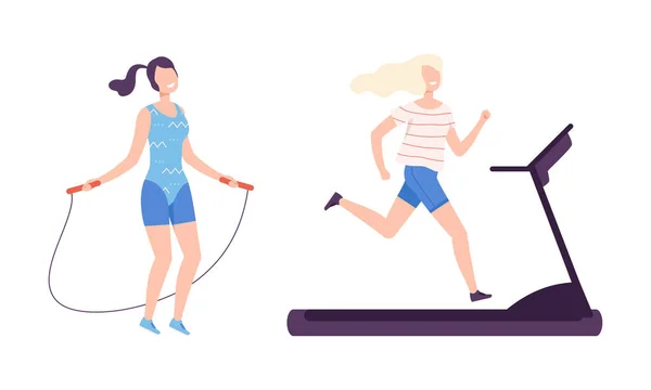 Jonge vrouw overslaan touw en hardlopen op loopband doet fitness workout vectorset — Stockvector