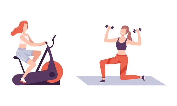 Young Woman on Mat Lifting Dumbbell and on Stationary Bicycle Doing Fitness Workout Vector Set — Stock Vector