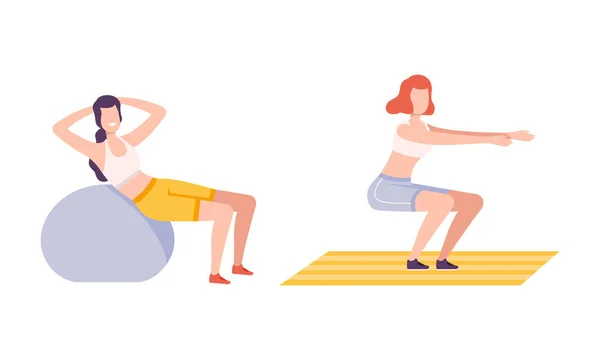 Mujer joven en la alfombra haciendo sentadillas y con Fitball participando en ejercicios de fitness conjunto de vectores — Archivo Imágenes Vectoriales