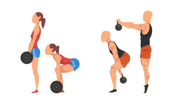 Mann und Frau in kurzen Hosen beim Sport-Workout und bei Kraftübungen beim Heben von Kettlebell und Langhantel-Vector-Set — Stockvektor