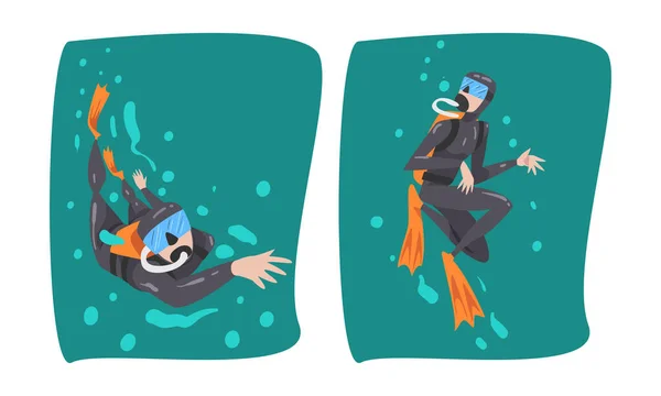 Taucher mit Atemschutzausrüstung und Schwimmflossen tauchen Unterwasser-Vektor-Set — Stockvektor