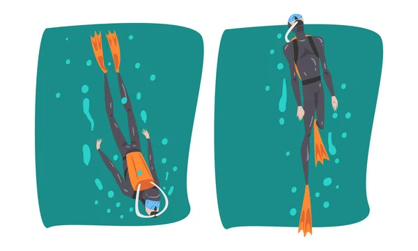呼吸装置とフリッパー付きスキューバダイビングの男水中ベクトルセット — ストックベクタ