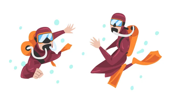 Scuba Diving Man and Woman with Breathing Equipment and Flippers Diving Underwater Vector Set — Stock Vector