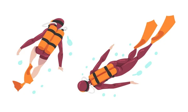 Scuba Diving Man and Woman with Breathing Equipment and Flippers Diving Underwater Vector Set — Stockvektor