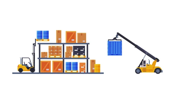 Forklift Putting Cardboard Boxes on Rack as Warehouse Area for Goods Storage and Logistics Vector Set — Stock Vector