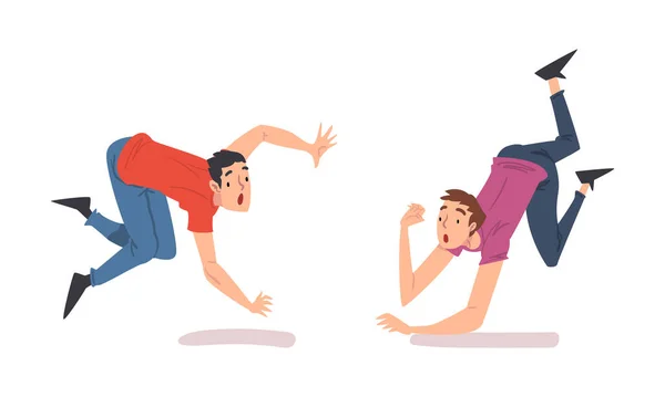Jóvenes cayendo al suelo. Tropezando y deslizando personas, dolor y lesiones ilustración vector de dibujos animados — Vector de stock