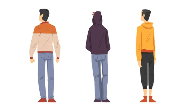 Conjunto de jóvenes de pie en ropa casual ilustración vectorial de dibujos animados — Vector de stock