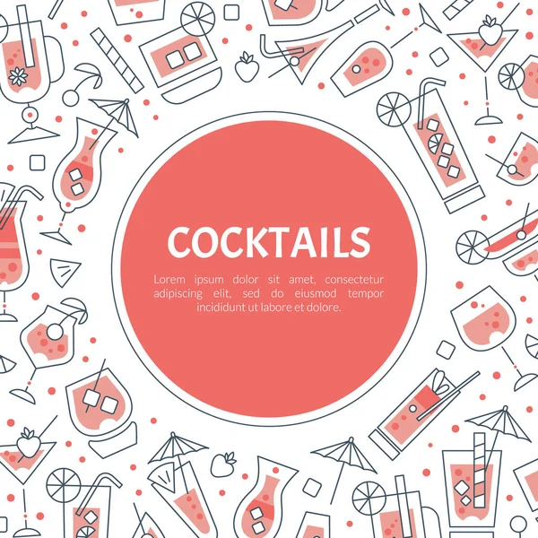 Lunettes linéaires avec cocktail en barre rose Modèle vectoriel de carte carrée — Image vectorielle