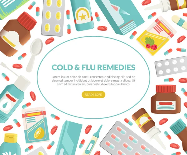 Lék proti nachlazení a chřipce s pilulkami a šablonou Vektorové stránky medicíny — Stockový vektor