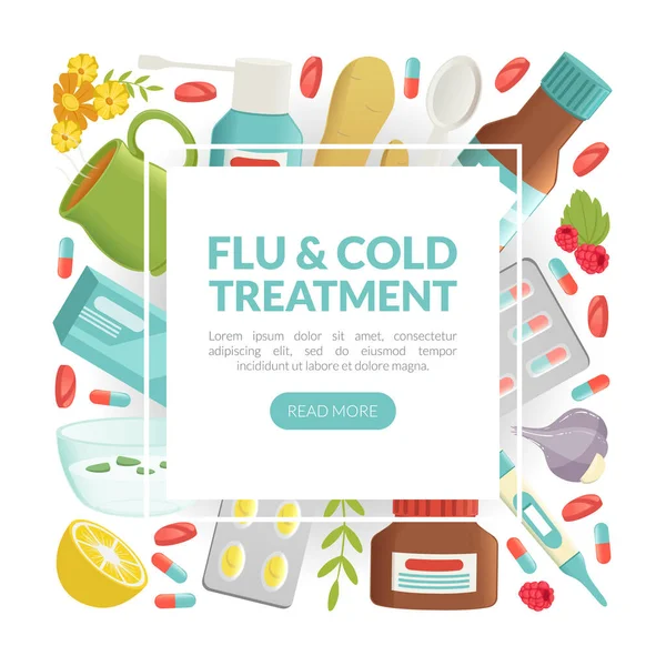 Remède contre le rhume et la grippe avec des pilules et des médicaments Modèle vectoriel de page d'atterrissage — Image vectorielle