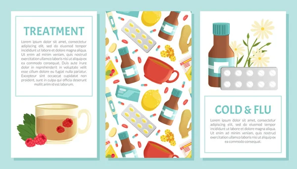 用药丸和药物治疗感冒和流感的垂直卡片病媒模板 — 图库矢量图片