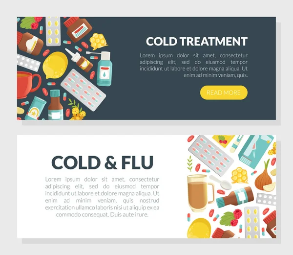Cold and Flu Remedy with Pills and Medicine Landing Page Vector Template — Stock Vector
