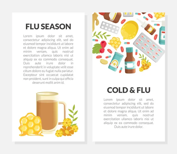 Remède contre le rhume et la grippe avec des pilules et des médicaments Modèle de vecteur de carte verticale — Image vectorielle